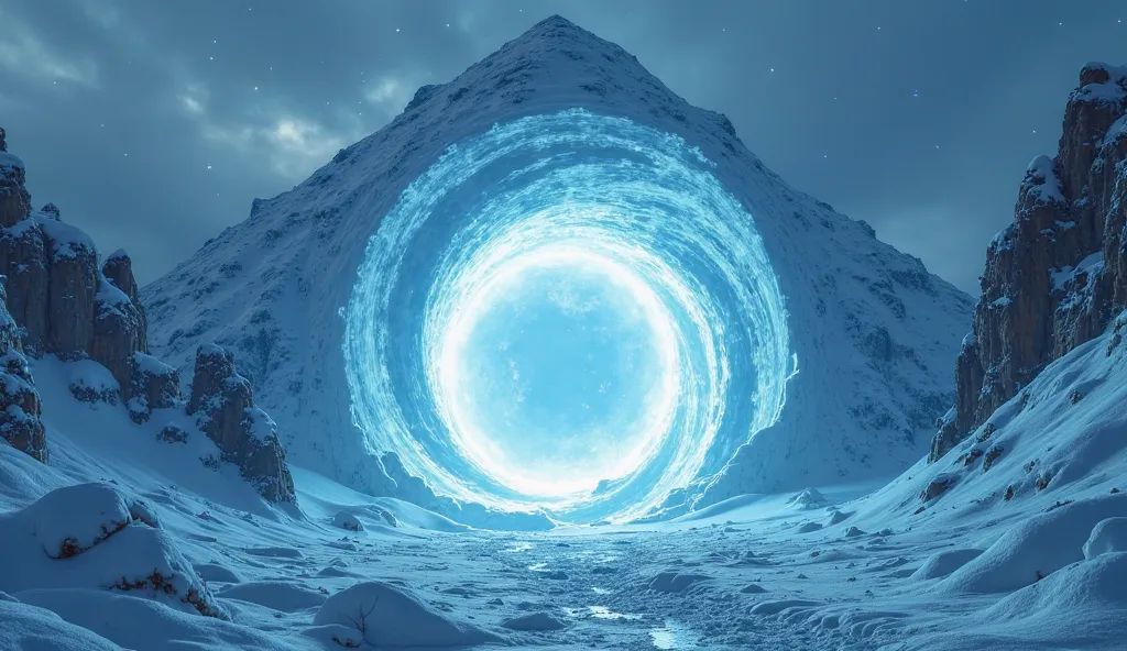 "A high-resolution image of a swirling, dimensional portal opening in the icy Antarctic landscape. The portal is connected to ancient pyramids, with glowing blue energy emanating from the opening, illuminating the snow-covered surroundings. The scene shoul...