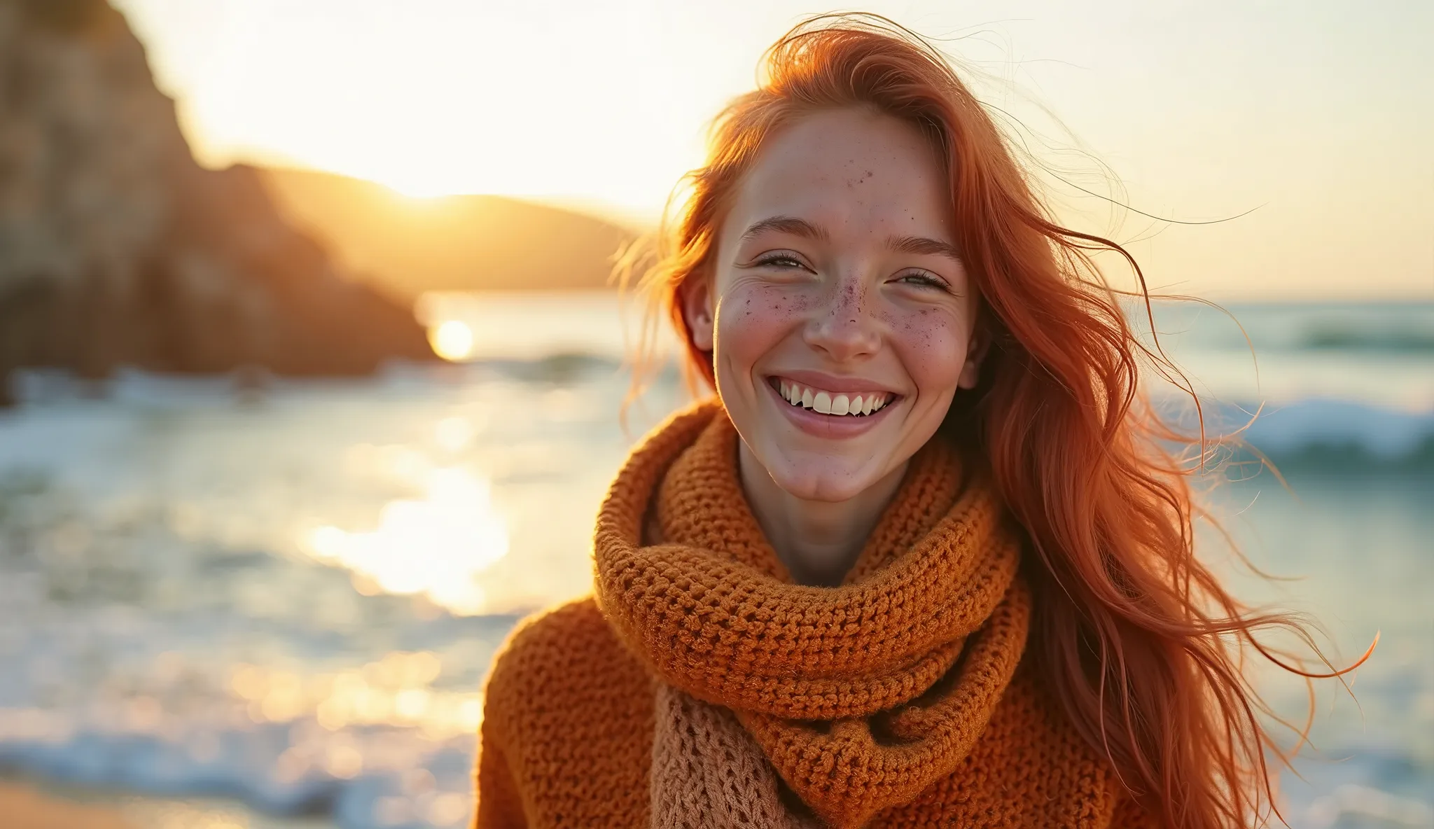 (photorealism:1.2), "A woman with long red hair and freckles smiles brightly at the camera as she stands on the beach. She wears a cozy orange sweater and a scarf, her joyful expression radiating warmth. The soft sunlight creates a glowing effect around he...