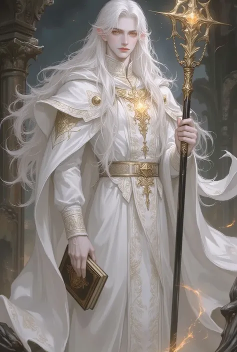 A tall and noble young man clad in immaculate white priestly robes, intricately adorned with golden patterns. His mysterious golden eyes pierce through the souls of those who meet his gaze. Flowing silver-white hair cascades down his back, shimmering under...