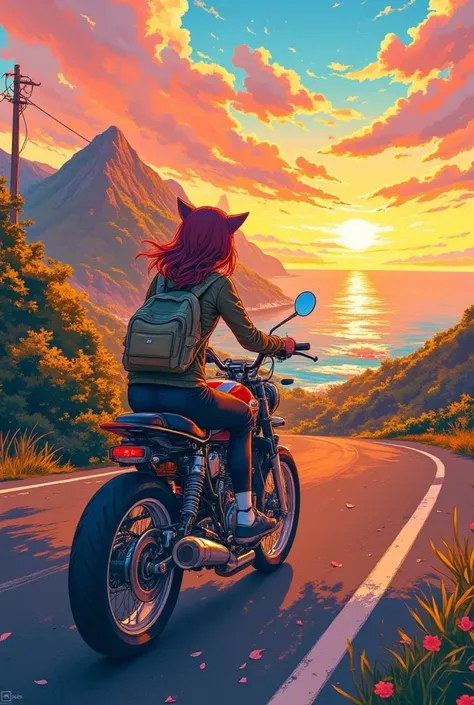 (  masterpiece, top quality :1.2), couple, cute girl with cat ears riding a motorcycle /(burgundy hair,  girly clothes),a human /(Normal Human,   black hair, casual wear),two-seater bicycle,(their travel scene),(sunset),Very steep slope,amazing coastal vie...