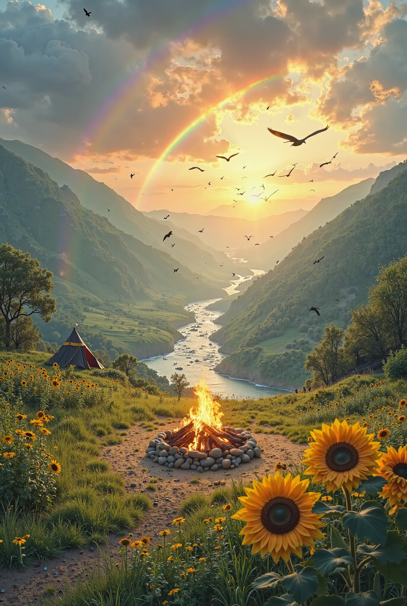 Plain area surrounded by hills with green grass ,Little bit sunflower , one tent in the side , huge main fire in the middle with small stone circling, sunrising, in the hill , with river flowing, birds flying, huge rainbow , different font written welcome ...