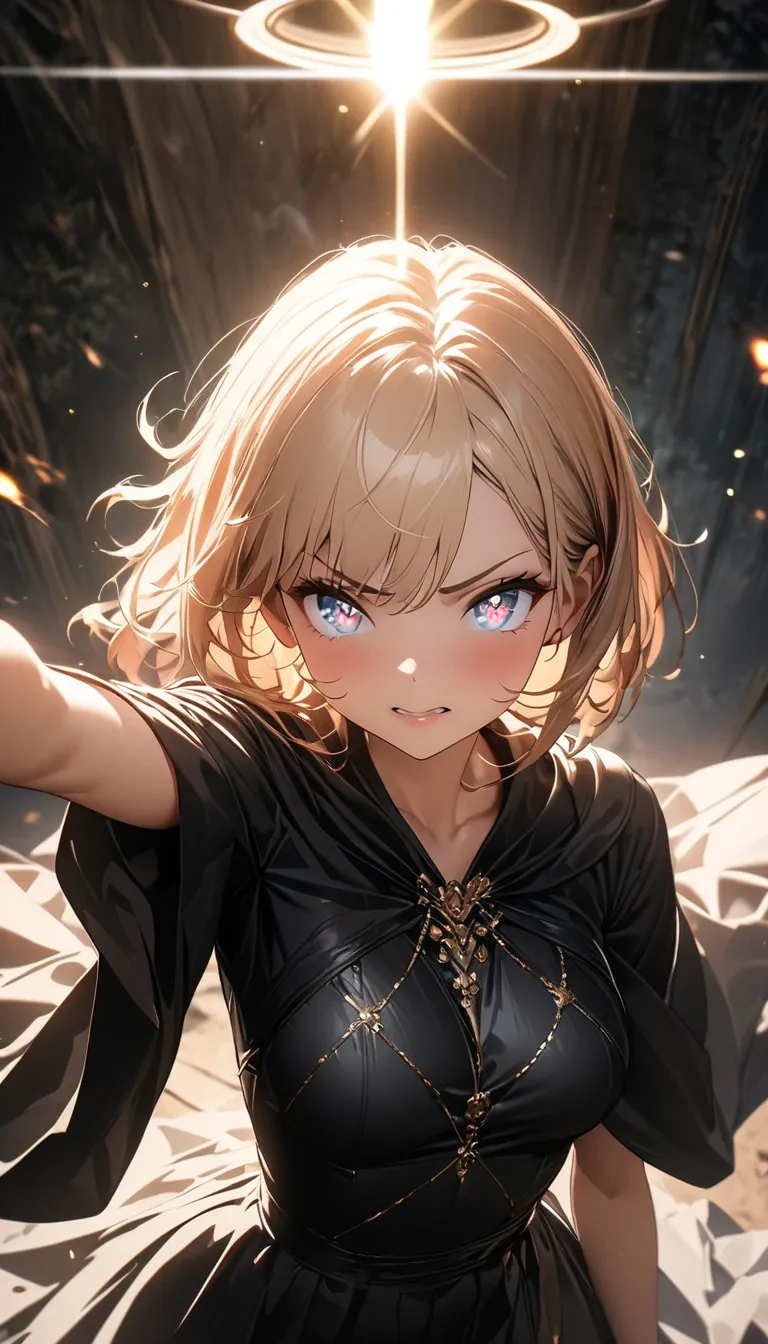 (A beautiful girl:1.3), cute anime girl, from above, upper body, looking diagonally downward, wearing a wizard's robe, elegant outfit, sexy outfit, beautiful, pointing, ((firing a beam of light)), an expression of anger, Ultra-detailed eyes, An extremely d...