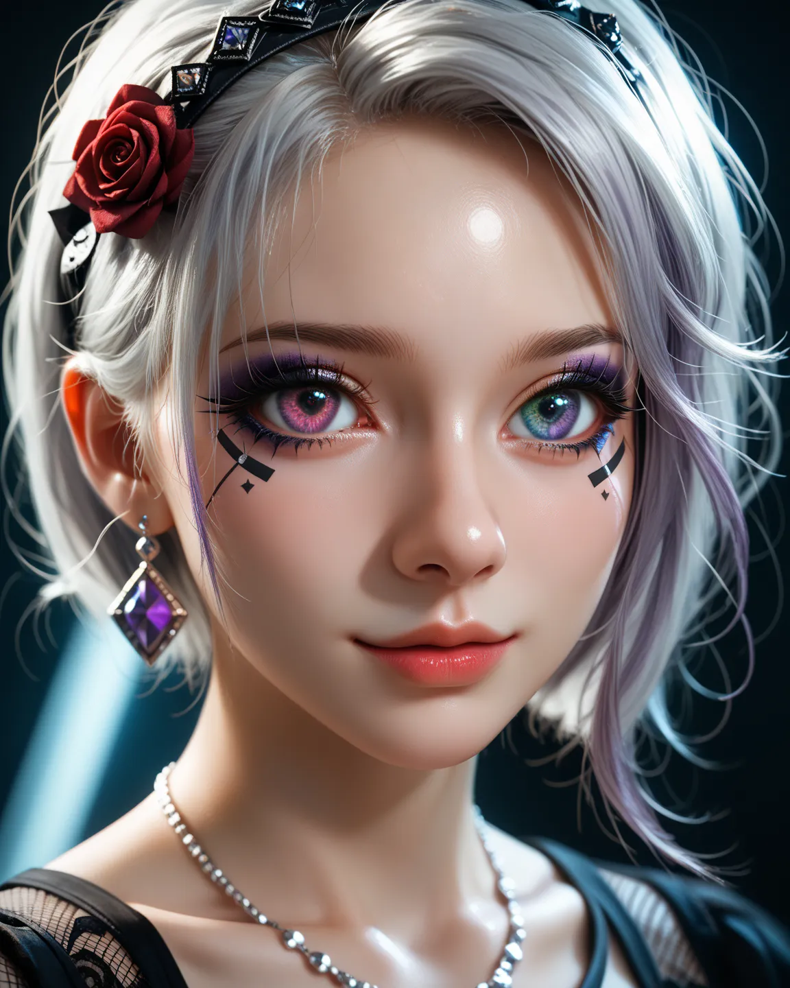 Masterpiece, a hyperrealistic portrait of a young woman, silver hair, extremely long and wavy, unique heterochromia eyes, left eye amethyst, right eye rose quartz, gothic makeup, her left hand delicately touching her cheek, wearing a multitude of sparkling...