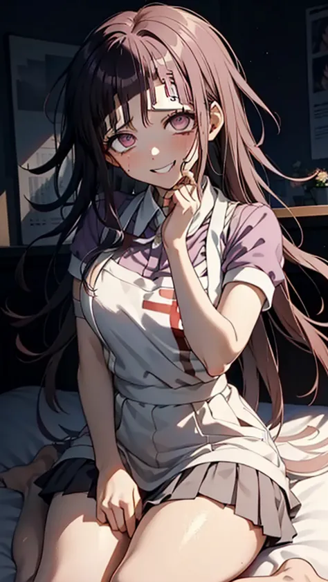 ((mikan tsumiki)), long hair, purple hair,(purple eyes:1.1),bangs, blunt bangs,Pants,(( danganronpa style:1.4)), shy break (apron), bandageを巻かれた足,bandage,collared  shirt, mini skirt,(pink  shirt), pleated  skirt, puffy Short sleeve, puff sleeve, shirt,Shor...