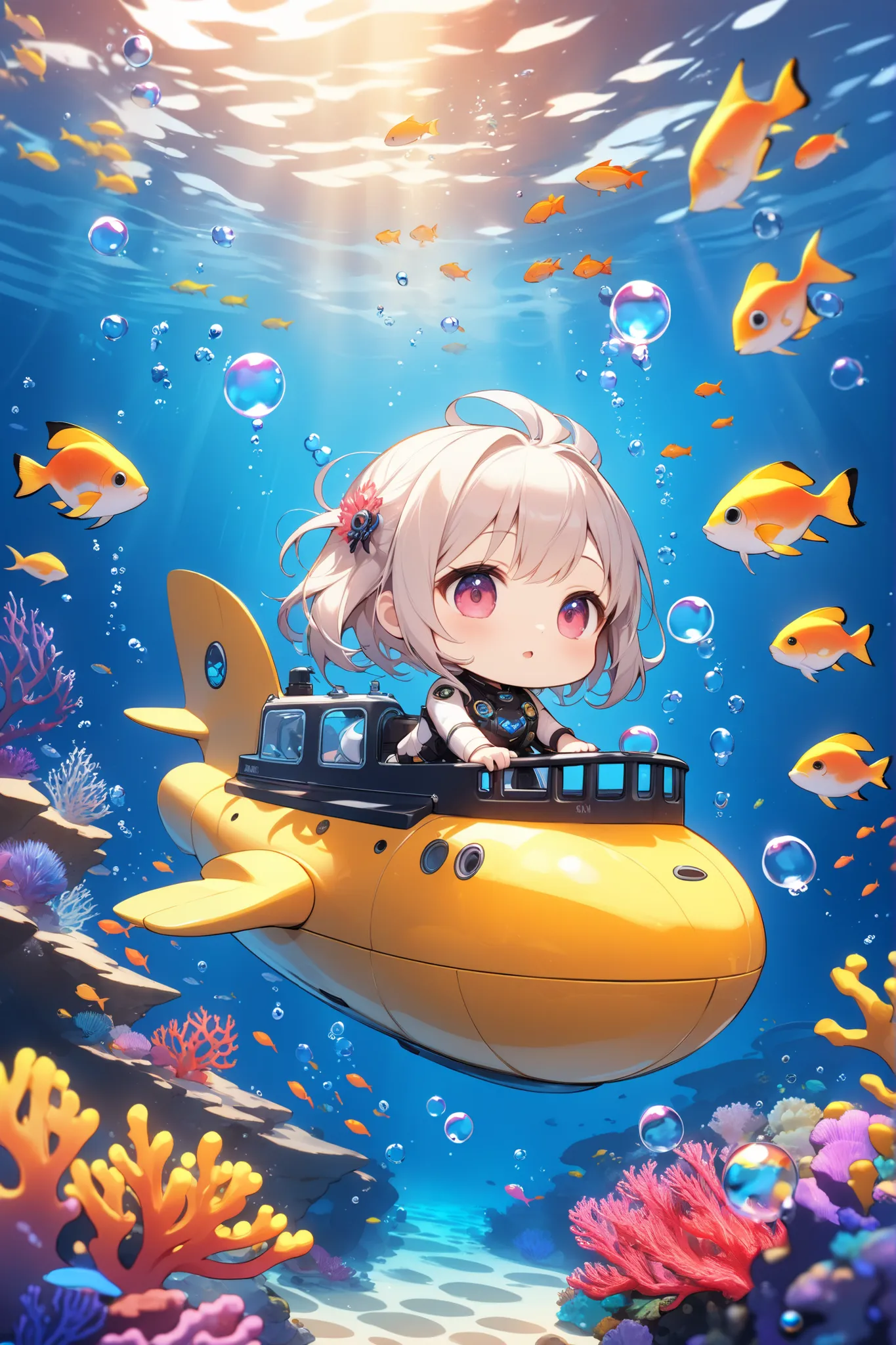 masterpiece, best quality, (chibi), solo, 1girl, riding submarine, small fishes, colorful corals, bubbles, (under ocean background), amazing background, vibrant coloring, absurdes