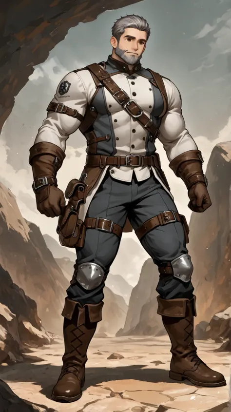 1man, giant size, muscular, gentle face, brown eyes, short hair, black and grey beard, practical outfit, (earthy tones), brown boots, whole body, dynamic background, absurdres, solo, stonesmith