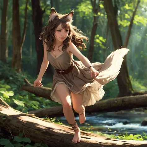 Zwiwer's realistic fantasy woman gracefully runs through the forest in a dynamic pose, her movements fluid and agile as she moves through the trees with ease. She has smooth, light brown skin and delicate fur patches on her shoulders that blend seamlessly ...