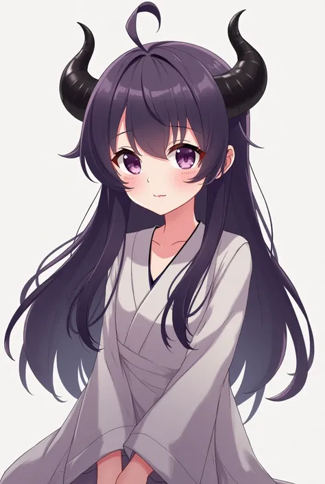 RPG-style anime girl with purple eyes and dark purple hair with black horns and white skin waving a normal expression