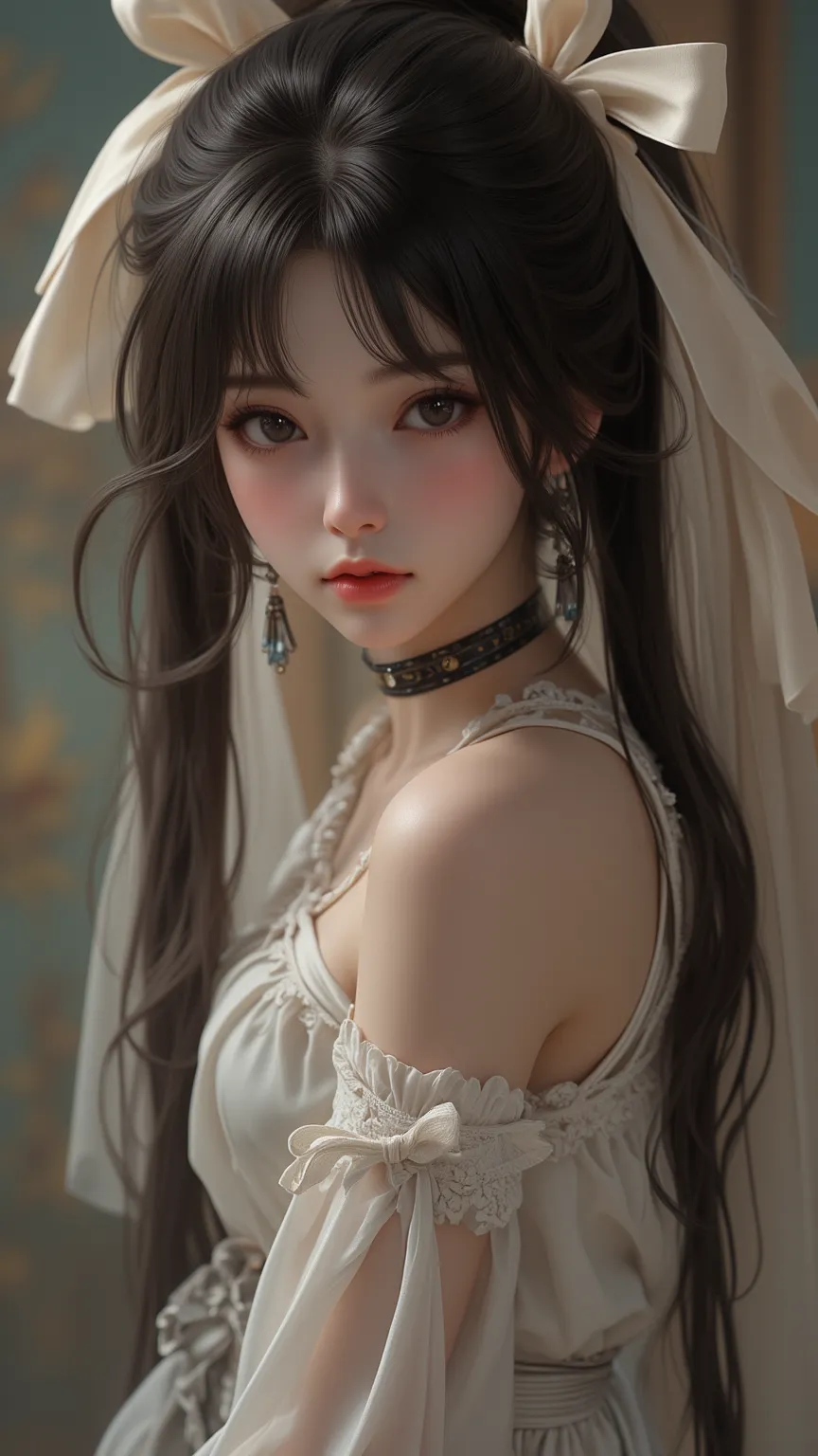 Lonely、 Mystery、Portrait of realistic and beautiful dark-haired girl，staring eyes，Earthy tones，veiled woman，18 year old girl，Soft complex texture，Cute appearance，Delicate beauty，young， Cute girl ，Tall， elegant legs ，Pink cheeks，（ High Ponytail）small tones，...