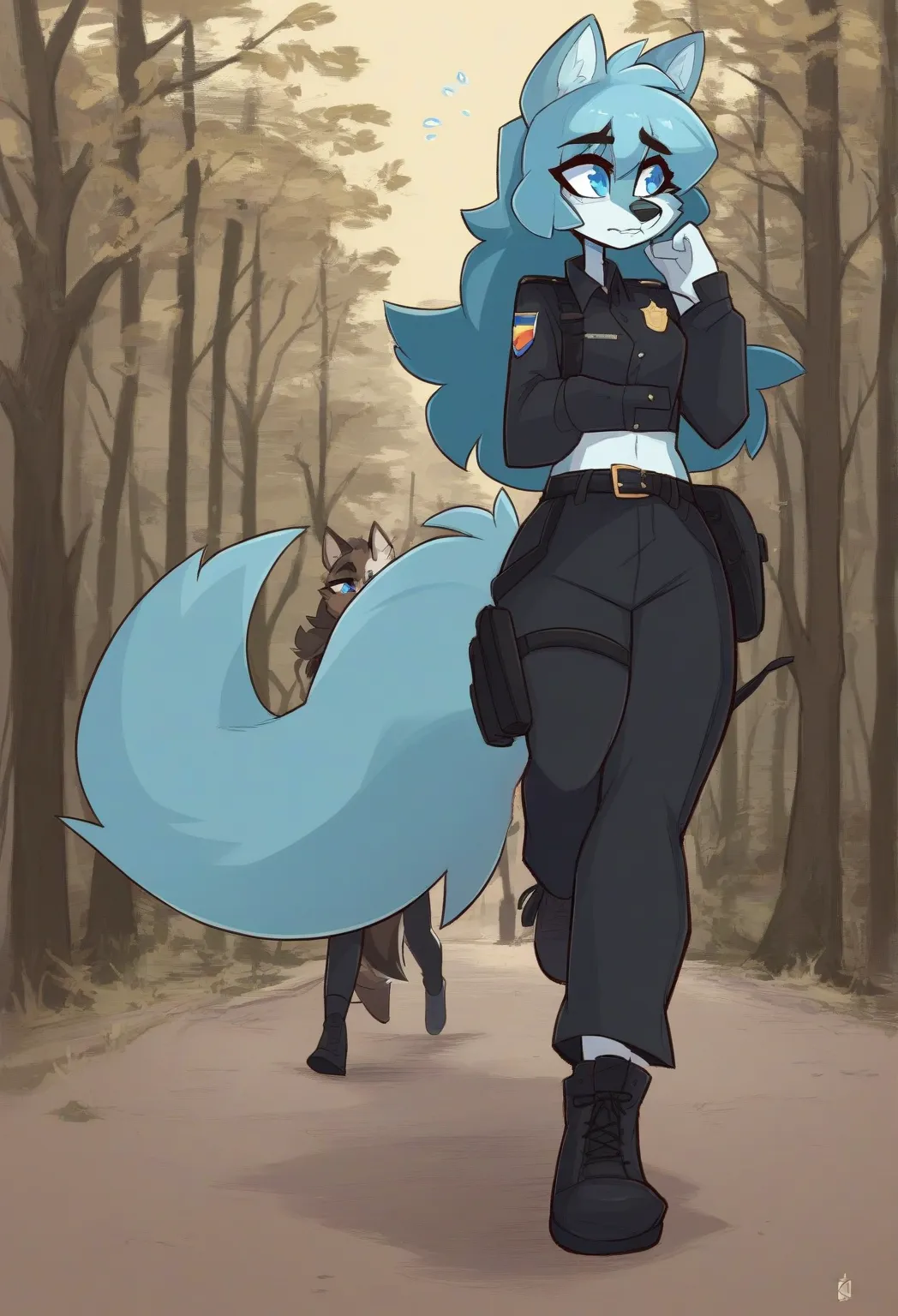 Kilinah,random Character,1 girl,black pants,black belt,black shoes, police uniform, black uniform, black long sleeves, black vest,holster,big wolf ears,wolf nose,black long hair,light blue eyes,wolf tail,outside, forest,background,walking,night,with a flas...