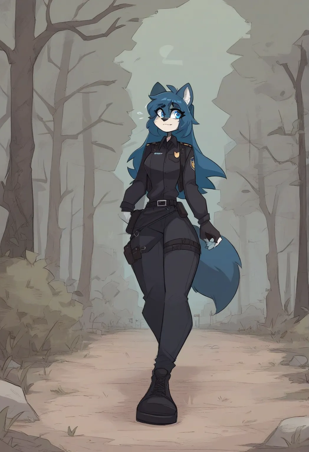 Kilinah,random Character,1 girl,black pants,black belt,black shoes, police uniform, black uniform, black long sleeves, black vest,holster,big wolf ears,wolf nose,black long hair,light blue eyes,wolf tail,outside, forest,background,walking,night,with a flas...