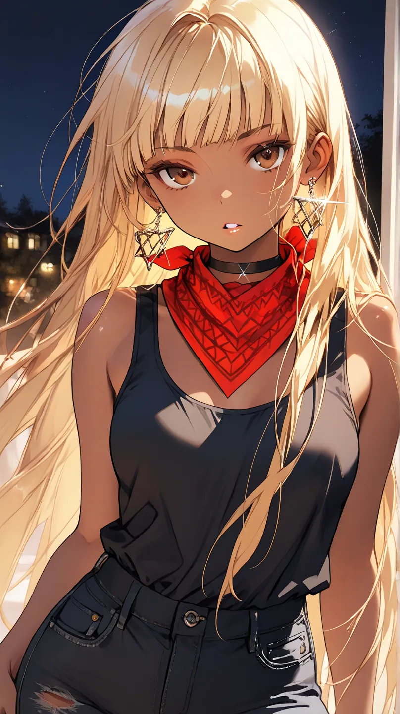 1Girl, Mature, Ebony, African American, Dark Brown Skin, Blonde Hair, Shiny Hair, Hime Cut, Bright Brown Eyes, Dark Brown Eye Shadow, Medium Chest, Black Tank-Top, Red Bandana Wrapped Around Neck, Black Ripped Jeans, Black Choker, Looking At Viewer, Bored,...