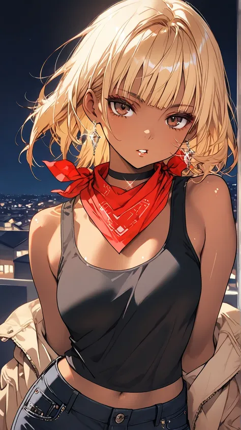 1Girl, Mature, Ebony, African American, Dark Brown Skin, Blonde Hair, Shiny Hair, Hime Cut, Bright Brown Eyes, Dark Brown Eye Shadow, Medium Chest, Black Tank-Top, Red Bandana Wrapped Around Neck, Black Ripped Jeans, Black Choker, Looking At Viewer, Bored,...