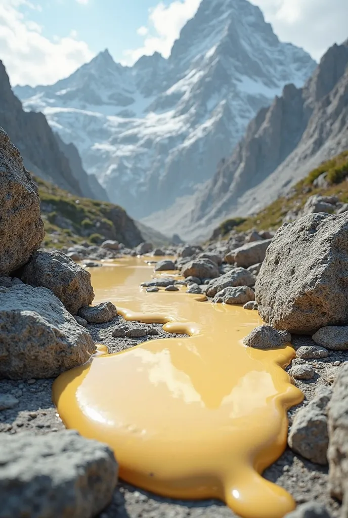 mayonnaise sauce spilled onto mountain rocks, mountain range in the background