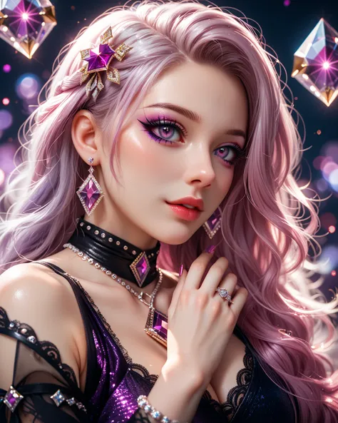 A stunningly realistic portrait of a woman with silver, cascading long hair, mesmerizing purple and pink heterochromatic eyes, dramatic dark makeup, gently resting her chin on her hand, adorned with an abundance of clear, glittering jewelry, wearing sleek ...