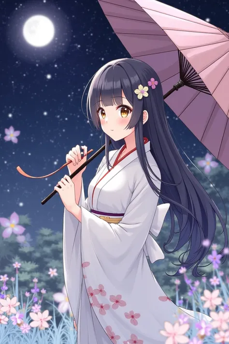 , ( masterpiece:1.2), TOP QUALITY,Pixiv, Midjourney Portrait ,
1 girl, umbrella, Alone, flower,  long hair, hair ornaments close to the garden,  Hair Flower, holding umbrella, watch viewers, night,Moonlight,holding, outdoor, bangs,  Japanese Clothes,  kimo...