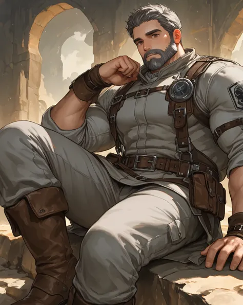 1man, giant size, muscular, gentle face, brown eyes, short hair, black and grey beard, practical outfit, (earthy tones), brown boots, sitting, portrait, dynamic background, absurdres, solo, stonesmith