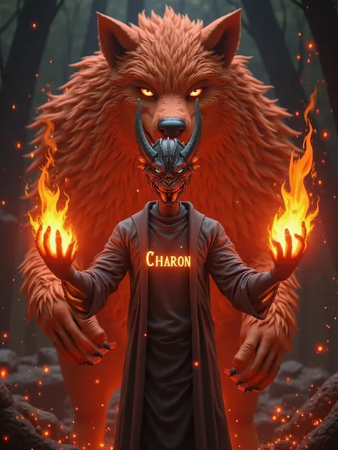 Je veux une image style animé 3D avec un loup derrière le personnage avec les yeux rouge un peu grand au pelage rouge orangé et le personnage avec un masque oni avec dans ses mains du feu et dans se feu marqué « CHARON» en lettres de feu avec des effets de...