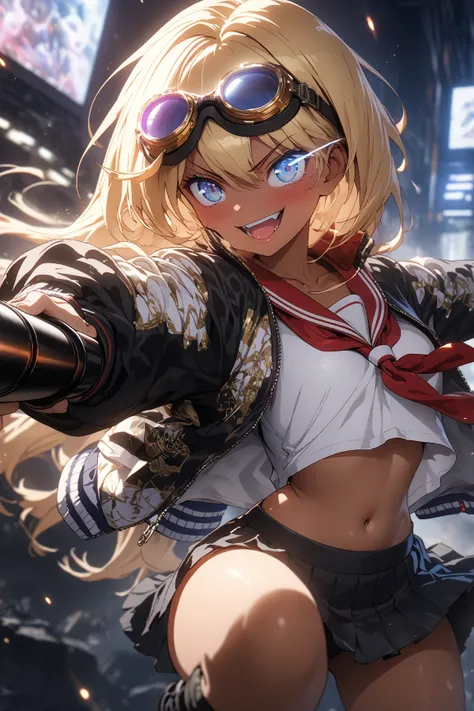 score_9, score_8_up, score_7_up, score_6_up, score_5_up, score_4_up,anime artwork masterpiece,best quality, unreal engine, ultra res, extremely detailed, One Girl,blonde hair,long hair,blue eyes,glowing eye trail,tan skin,biker goggles on head,black sailor...