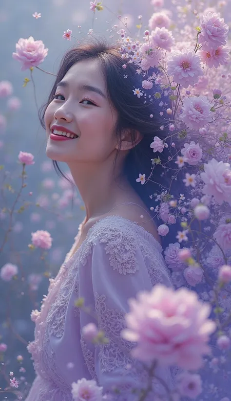 You were walking, laughing with love, You created a charming image. Stroking your locks, It became my habit.  beautiful ethereal central asian woman fading into flowers, becoming one with the flowers around her, swirls, magical, kaleidoscopic, fractals, so...