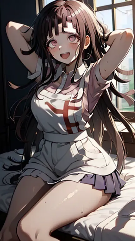 ((mikan tsumiki:1.1)), long hair, purple hair,(purple eyes:1.1),bangs, blunt bangs,Pants,(( danganronpa style:1.4)), shy break (apron), bandageを巻かれた足,bandage,collared  shirt, mini skirt,(pink  shirt), pleated  skirt, puffy Short sleeve, puff sleeve, shirt,...