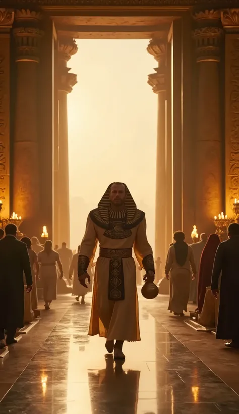 As the camera continues in first person, the pharaoh slowly rises from the royal bed. The servants approach, carrying alabaster jugs filled with perfumed water, as a priest Sing low songs to greet the dawn. The golden light of the sun invades the room thro...
