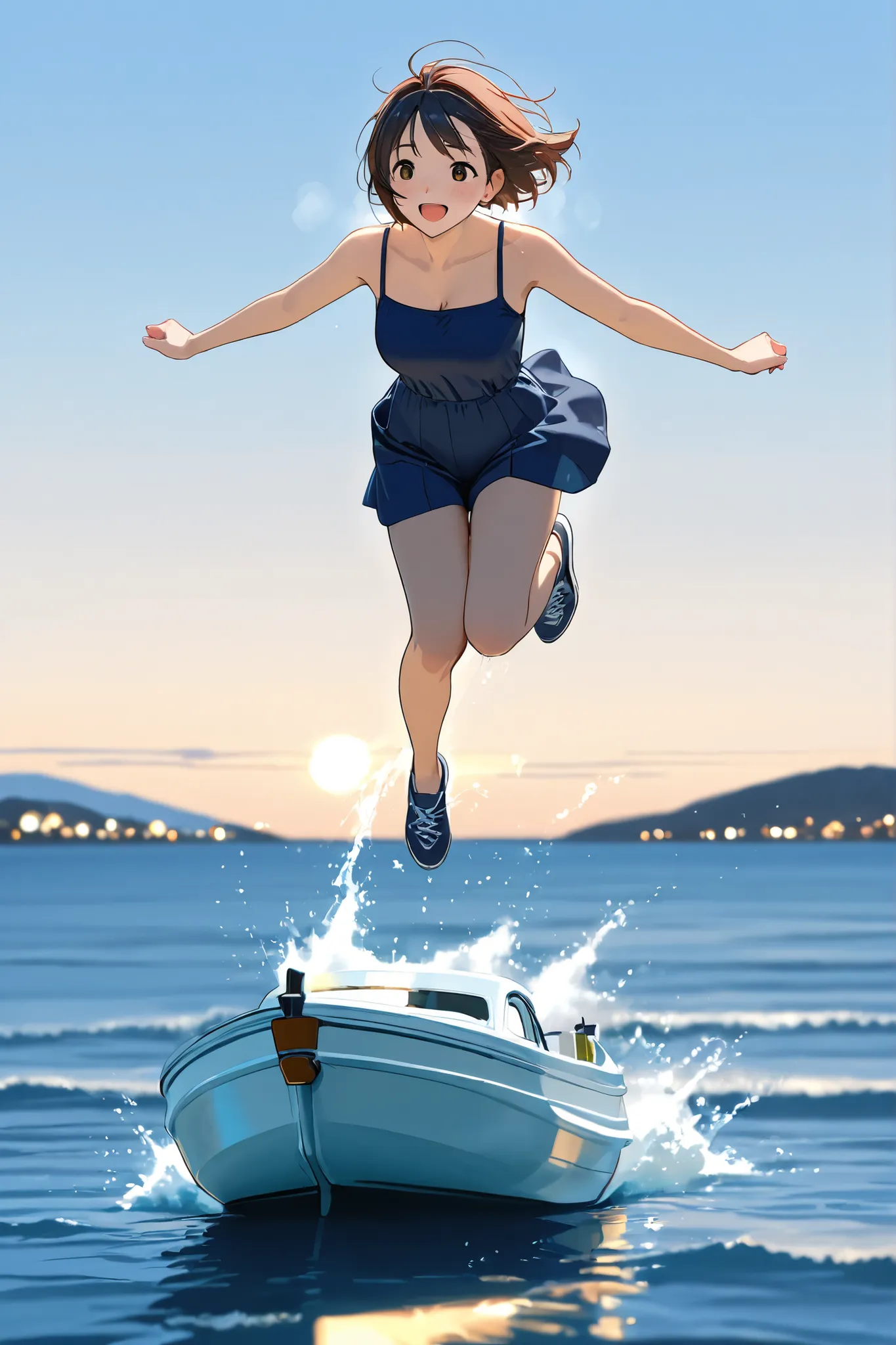 Woman jumping from a motorboat