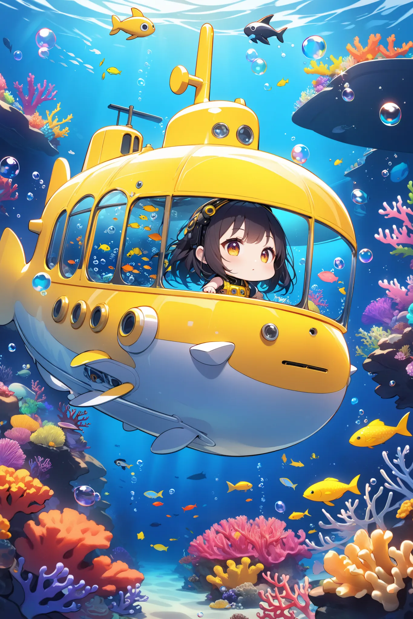 masterpiece, best quality, (chibi), solo, 1girl, riding submarine, simple yellow submarine, simple, small fishes, colorful corals, bubbles, (under ocean background), amazing background, vibrant coloring, absurdes