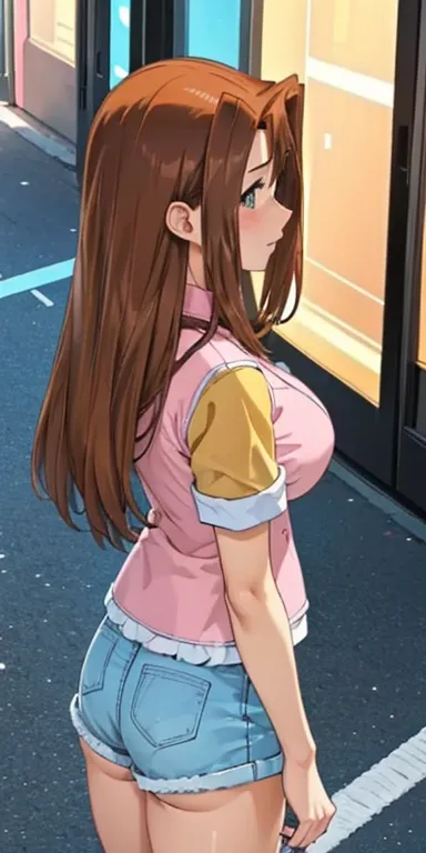    1 female, high definition,dementia,      ultra-realistic      ,8K, serenidaddm   ,    long hair,   Brown hair,       pink shirt   ,  blue shorts,    gray eyes, city,    blue sneakers   ,  big breasts,European,sexy,  Close-up of the upper body,      phot...