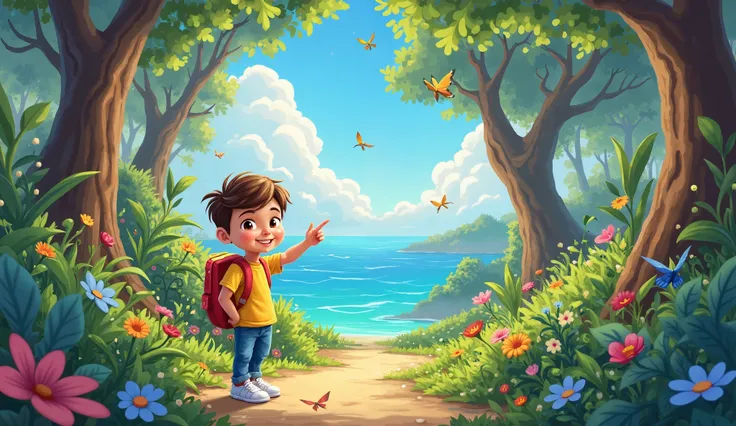 raise only a  boy, brown, brown hair,  light brown eyes, yellow blouse, calças jeans, white sneakers, Standing backpack on the back, smiling, in a very colorful forest. The same boy pointing to the sea.
