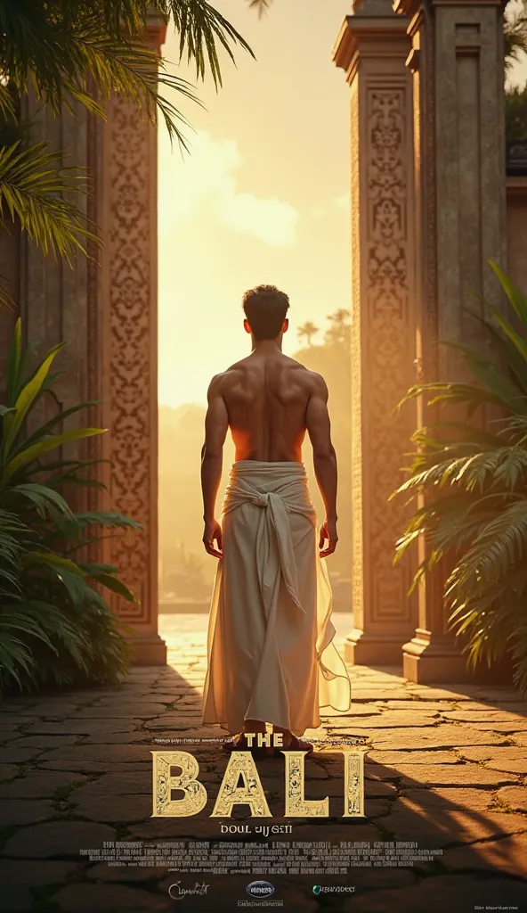 Create a cinematic movie poster featuring a handsome korean man wearing a traditional Balinese kemben, bright white skins, tanding confidently at a majestic Balinese gate (gapura). The scene is bathed in warm, golden light, highlighting his chiseled physiq...