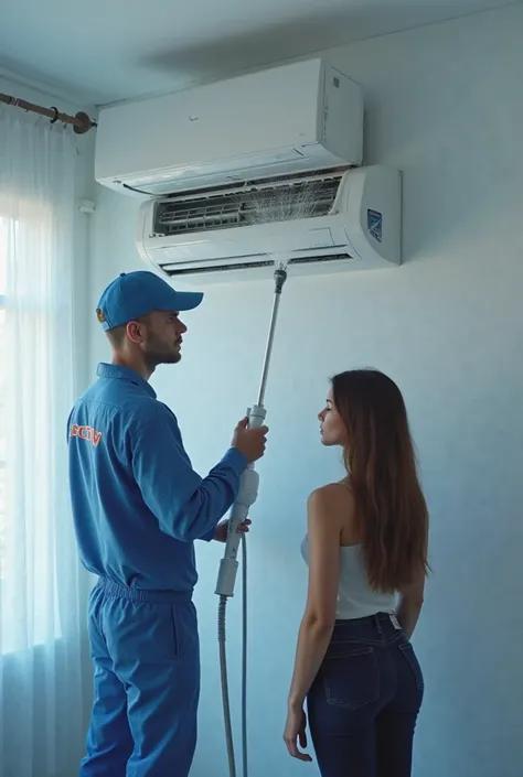 A tech guy standing on the A-scale sanitizing spray washing an air conditioner hanging on the wall. Wear a blue cap, wearing a blue uniform, the back of the shirt has the letter SCTV. Below is a sexy beautiful girl looking at him technique. 