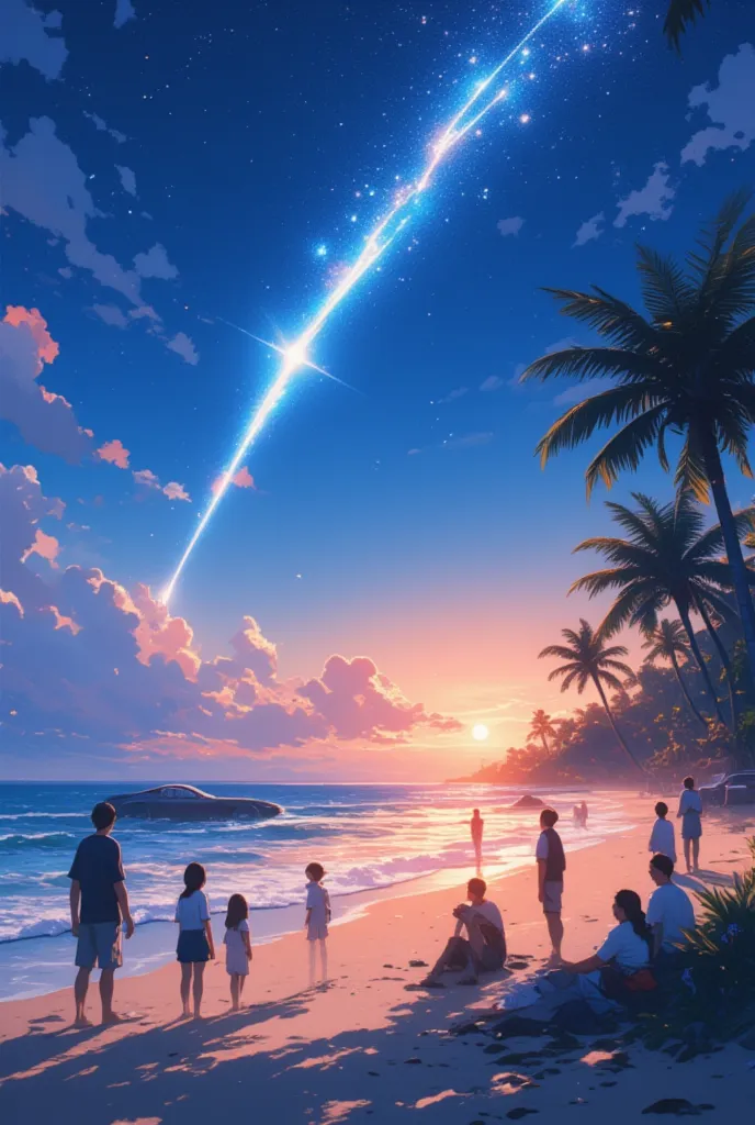  shooting star、 sandy beach、People looking up 、Sihiro Car