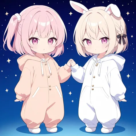 Highest Image、8k、16k、super resolution、 pale beige short bob、 partial braid hairstyle with one side up and one side up、A beautiful teenage girl、detailed faces、detailed eyes、 pink eye、Very displeased look、Kigurumi costume inspired by a white rabbit:1.2、 cute...