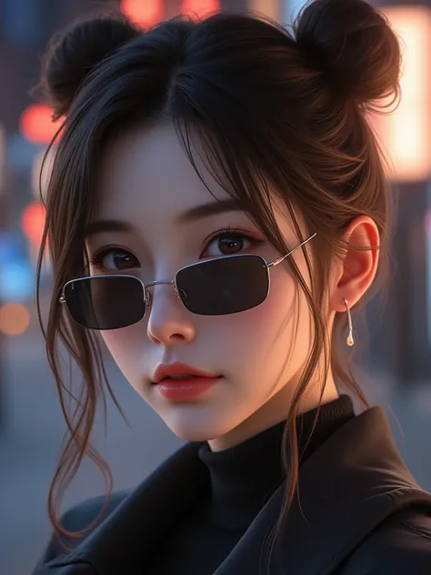 Masterpiece, best quality, 8k, highest quality, best graphic, beautiful eye, beautiful lip, beautiful background, brown hair, Korean cute woman in 20s, sunglasses, night time, pucca buns