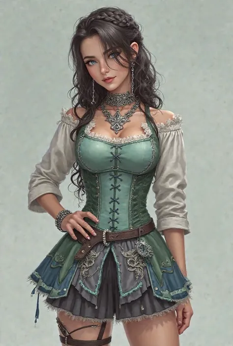  Appearance
-  **hair:** long,  heel, with a hairstyle that includes a straight fringe, a braid on the top of her head and loose curls that fall down her shoulders., eyes: blue color

#### Clothes
- ** Upper part :** Structured mint green corset, without s...