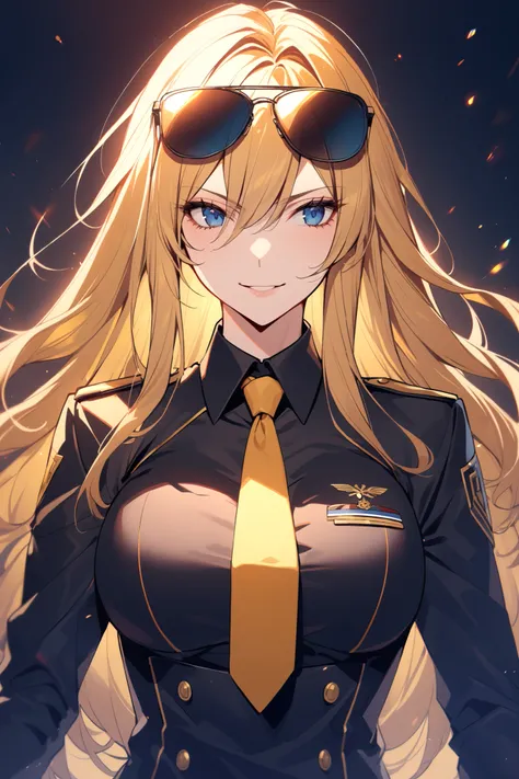 1 beautiful sexy woman, long straight golden hair, black military uniform suit, black undershirt blouse, yellow tie, 30 years old, slender and busty frame, look away, blue eyes, serious professional smile, sunglasses on her head, she is a milf