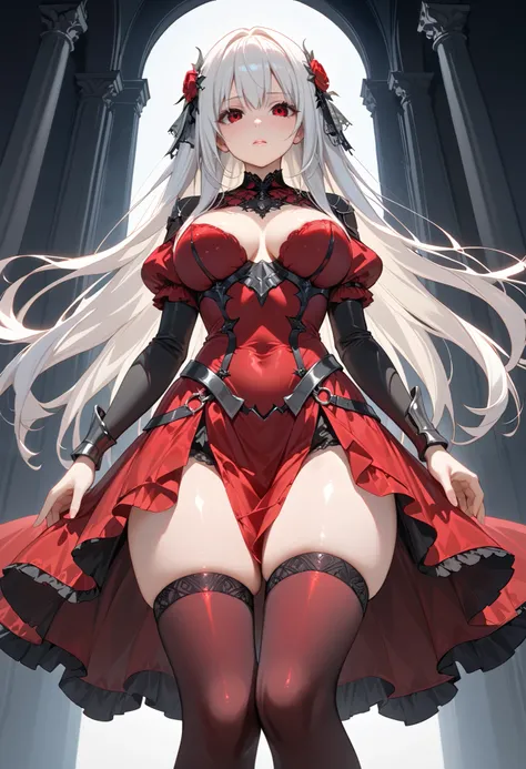 (TOP QUALITY,  masterpiece,  super precise, high resolution), 8k,  Anatomically Accurate Body ,  anime girl wearing nice armor has long white hair、 wearing a nice dress, Change in dress, Nightcore, red dress,  Gothic Maiden anime girl , White-haired goddes...