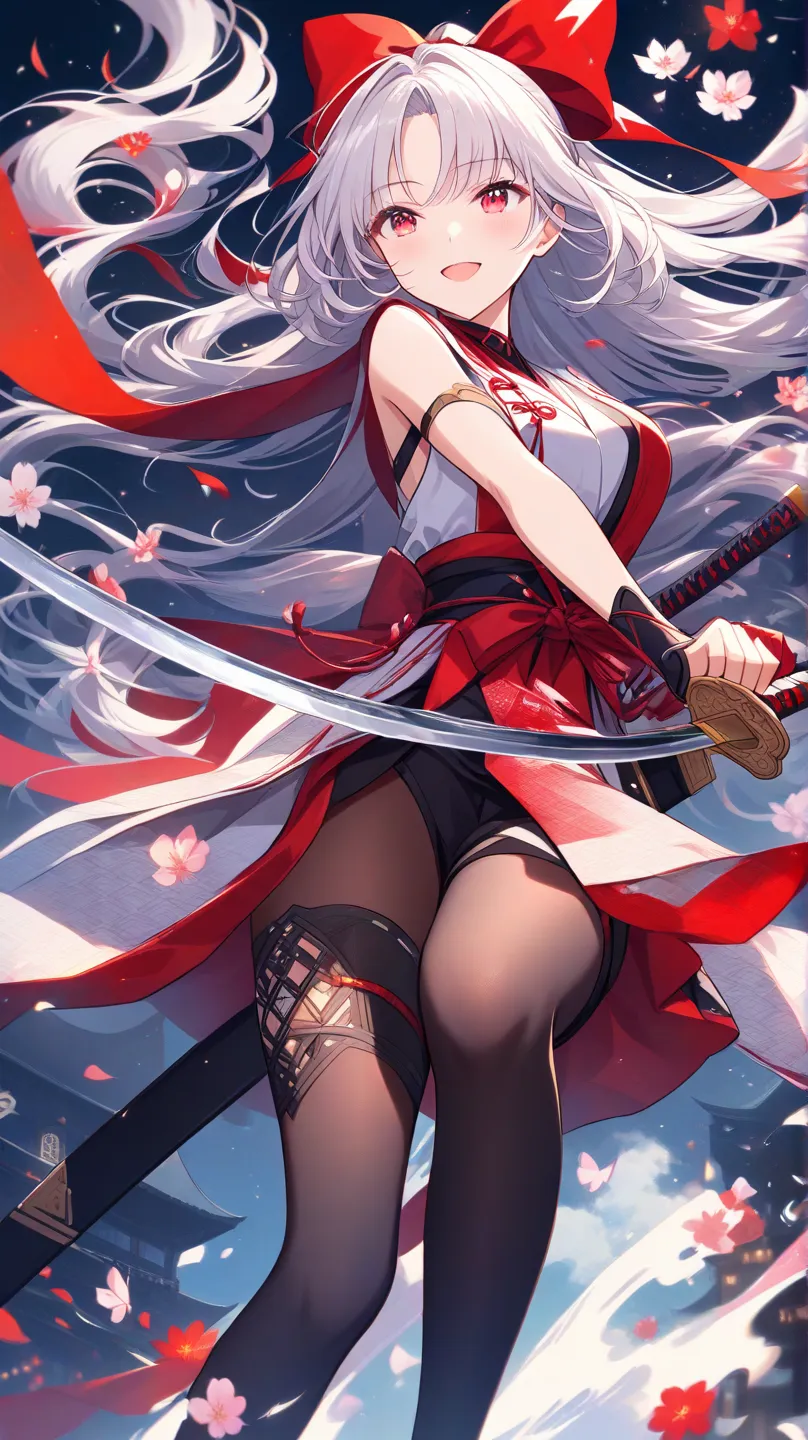 Shrine maiden outfit（Scarlet Eyes、Close one eye、 Silver Hair）(holding a Japanese sword with both hands), (unsheathe draw a japanese sword), (a sheath), (Put your hand on the pattern of a Japanese sword)、 Smile、1 girl, high resolution, very detailed,  perfe...