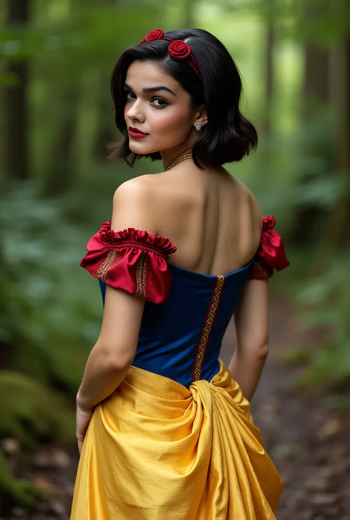 Rear side full body view of Rachel dressed as Snow White  looking at camera in forest. Rear of dress torn up with large gaping holes exposing bum cheeks. The image captures intricate facial details such as skin texture, pores, fine lines, and individual ha...