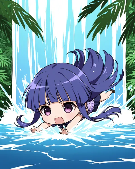  chibi,  1 girl, Alone, rika furude, long hair, bangs, blue hair, purple eyes, blunt bangs, purple hair,水着
 BREAK
Diving into the Water, Jungle Waterfalls、dive、Thrilling Scenes、Huge Waterfall Splash,dynamic pose