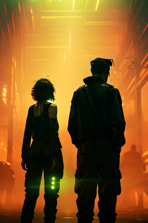 A shadow of man with slicked back hair in a suit and a shaggy haired woman in cargo pants and a tank top is standing back to back in front of a glowing green light
