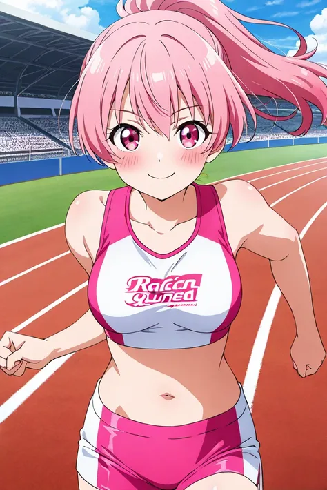 anime screencap, 1girl, solo, looking at viewer, cowboy shot, race queen, pink track uniform, midriff, navel, pink hair, long hair, ponytail, pink eyes, medium breasts,  smile, blush, closed mouth, running, track and field