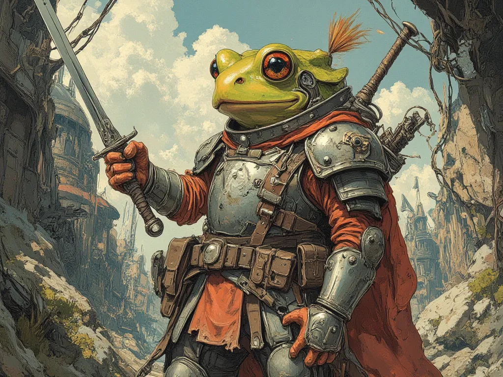 frog in leather armor with sword,  In fantasy art style, masterpiece,  best quality , Super Detail, an epic, 4K, cinematic light, ultra-detailed,  8k resolution ,(high quality, 8k, 4K, high contrast, masterpiece: 1.2, 最high quality, best aesthetic),quality...