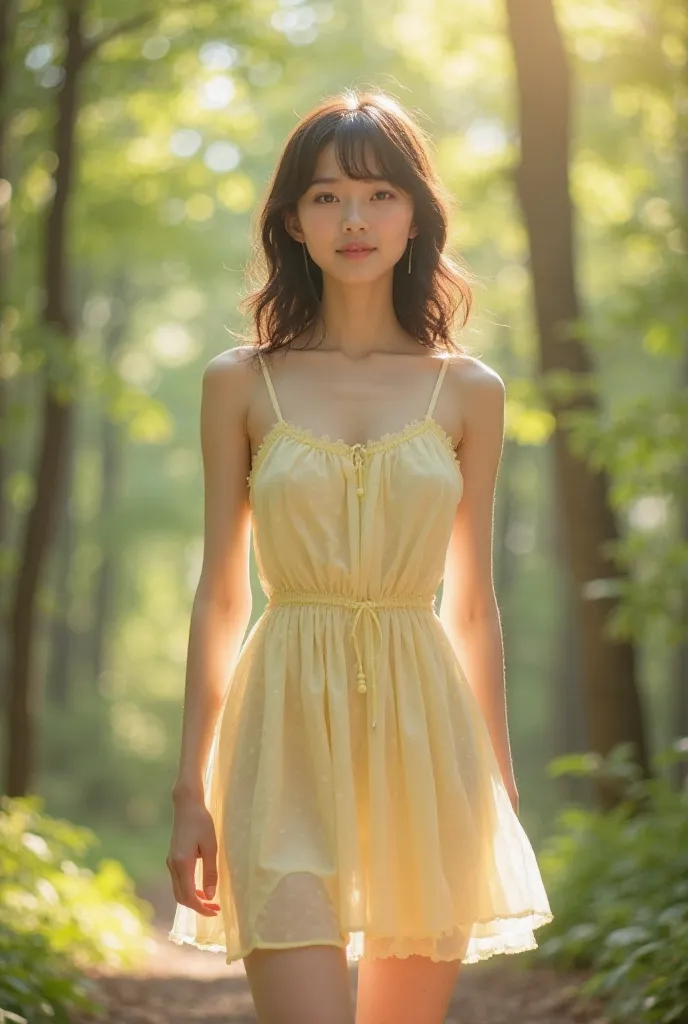 photorealistic，ultra high definition， High quality，best quality，8k，RAW photos， super detailed，Ultra-high resolution，( Incredibly Beautiful Real Japanese Girl)，full body，1 person， facing forward ，Early morning in the forest ， Bright sunlight comes in， Backl...