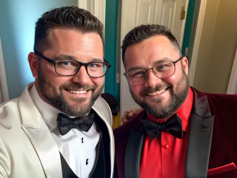 Award-winning original photos，2 men, taking a selfie in the mirror, wild musclebear men, (40 years old daddy:1.1), (tuxedos), short beards, burly, hunky and chubby, one man wearing glasses, smiling happily, holding each other, sunny, detailed, lovely,