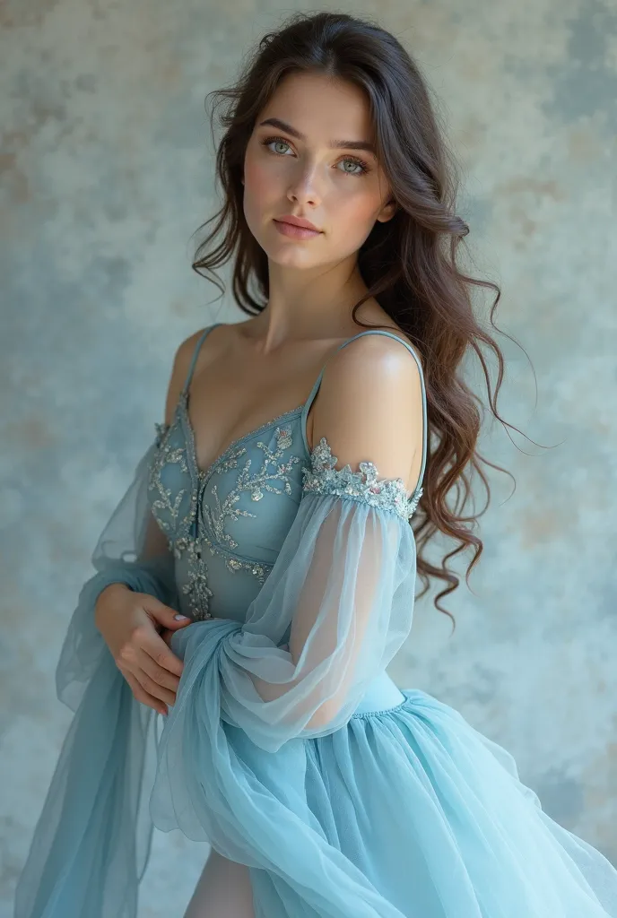  beautiful 20 year old girl, long chocolate colored hair with soft curls, white skin, blue eyes. Using a swan shawl. And dressed as a ballet dancer in blue 