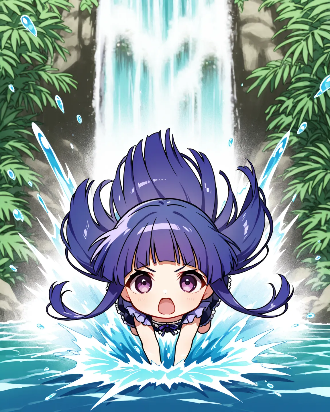  chibi,  1 girl, Alone, rika furude, long hair, bangs, blue hair, purple eyes, blunt bangs, purple hair,スクール水着
 BREAK
Diving into the Water, Jungle Waterfalls、dive、Thrilling Scenes、Huge Waterfall Splash,dynamic pose