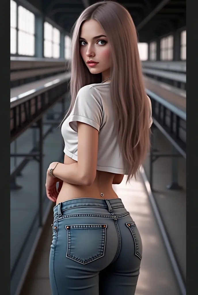 1girl,Seul,cheveux longs,petite,maigre, plat cest,regardant le spectateur,cheveux bruns, cheveux noirs,nombril,bijoux,petits seins,collier,Lèvres,anneau,t-shirt,jeans,réaliste