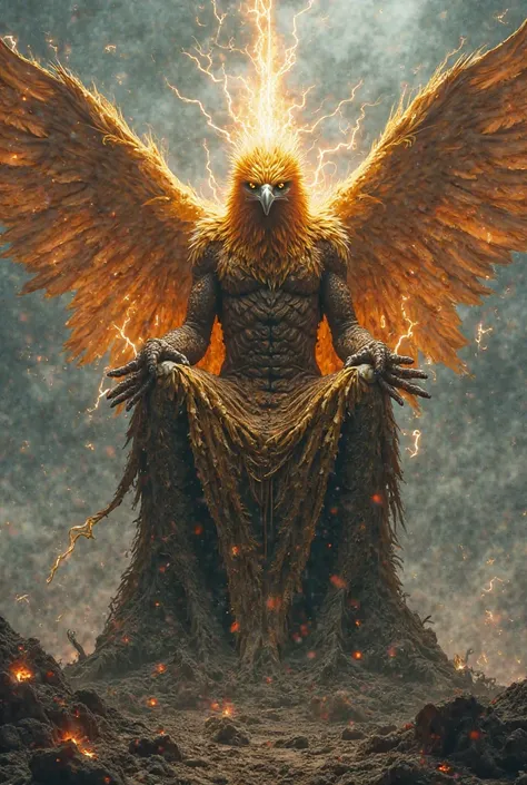 Create an image of the god Orus half electric eagle and fire sitting on a dead bee throne

